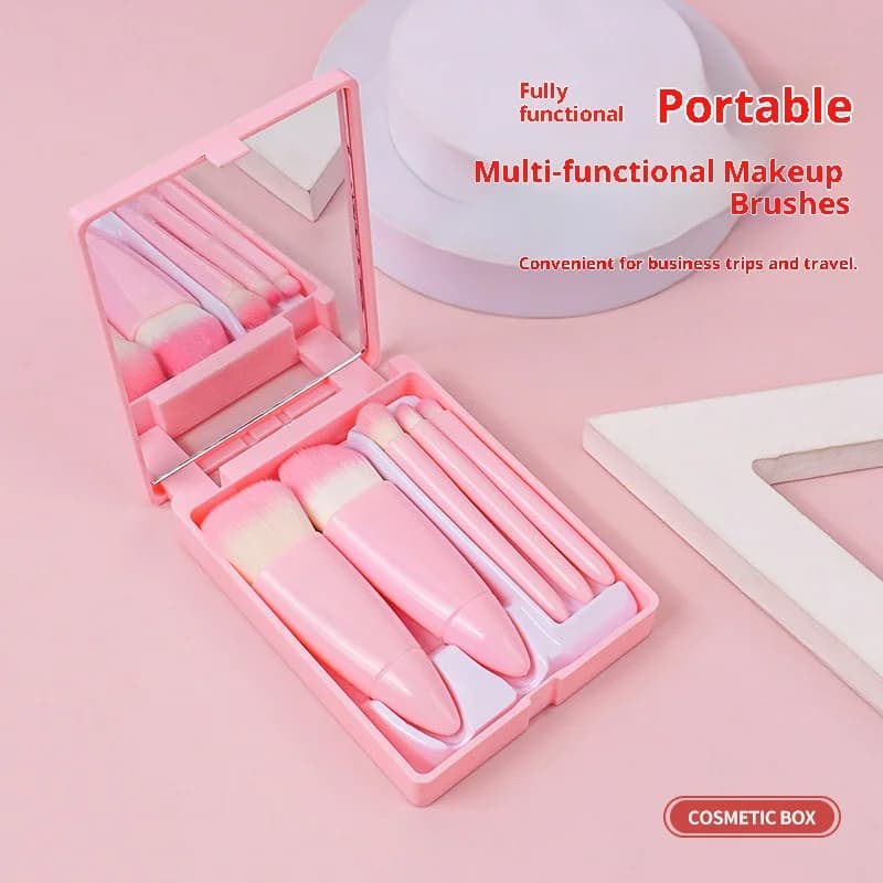 5pcs Mini Travel Makeup Brush Set with Mirror Foundation Eye Shadow Detail Brushes Portable Case