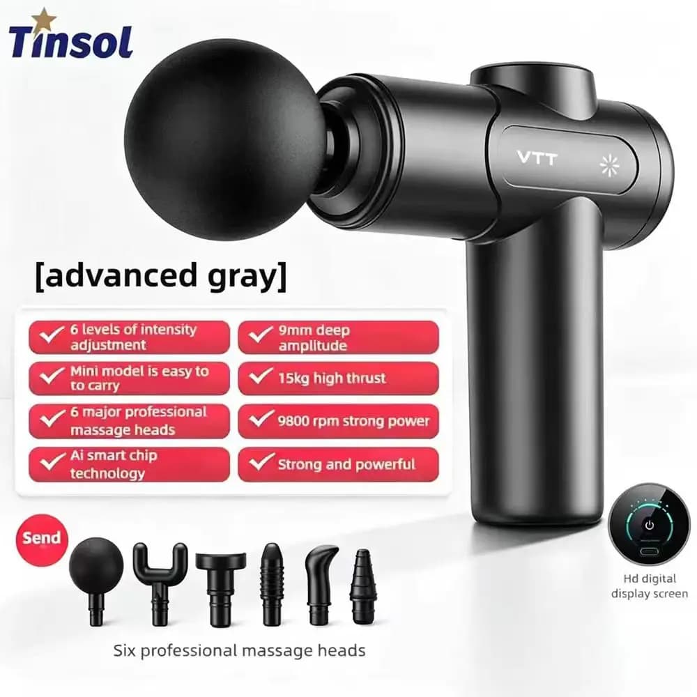 TINSOL Electric Fascia Gun Deep Tissue Percussion Massager LED Touch Screen 6 Interchangeable Massage Heads