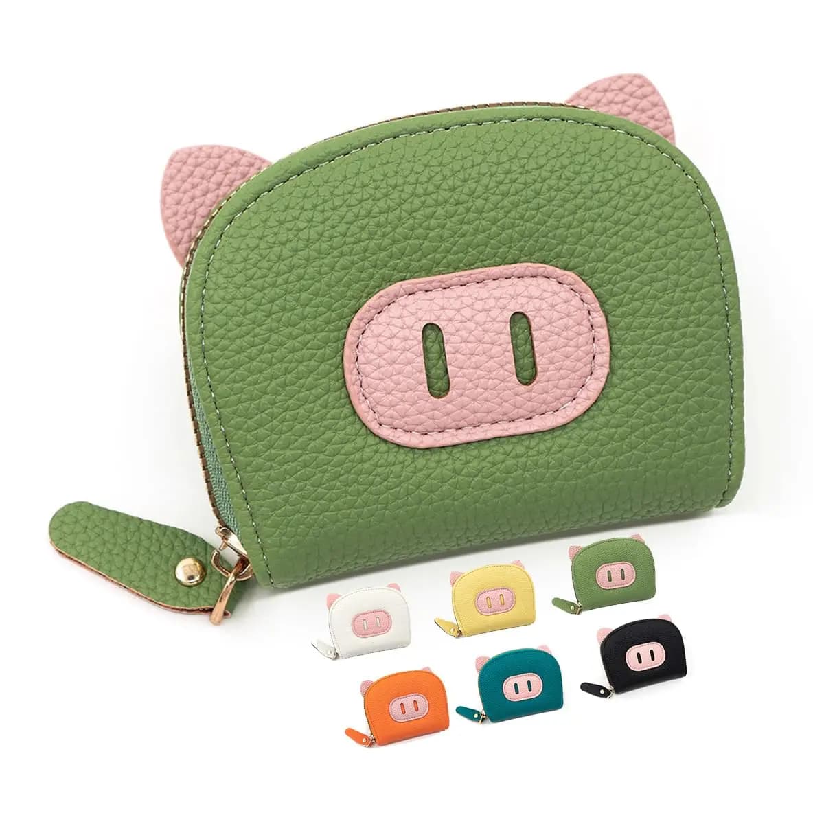 Portafoglio da donna alla moda con cerniera, porta carte di credito in pelle, blocco RFID, portamonete, scomparto per carte a fisarmonica con simpatico maialino