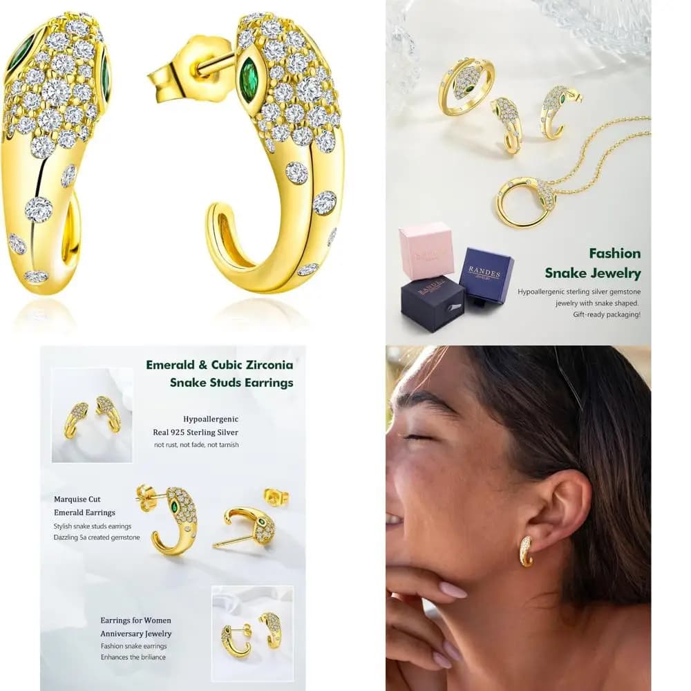 Orecchini a bottone con serpente smeraldo in argento sterling placcato oro 14 carati con zirconi cubici, design a mezzo cerchio per donna