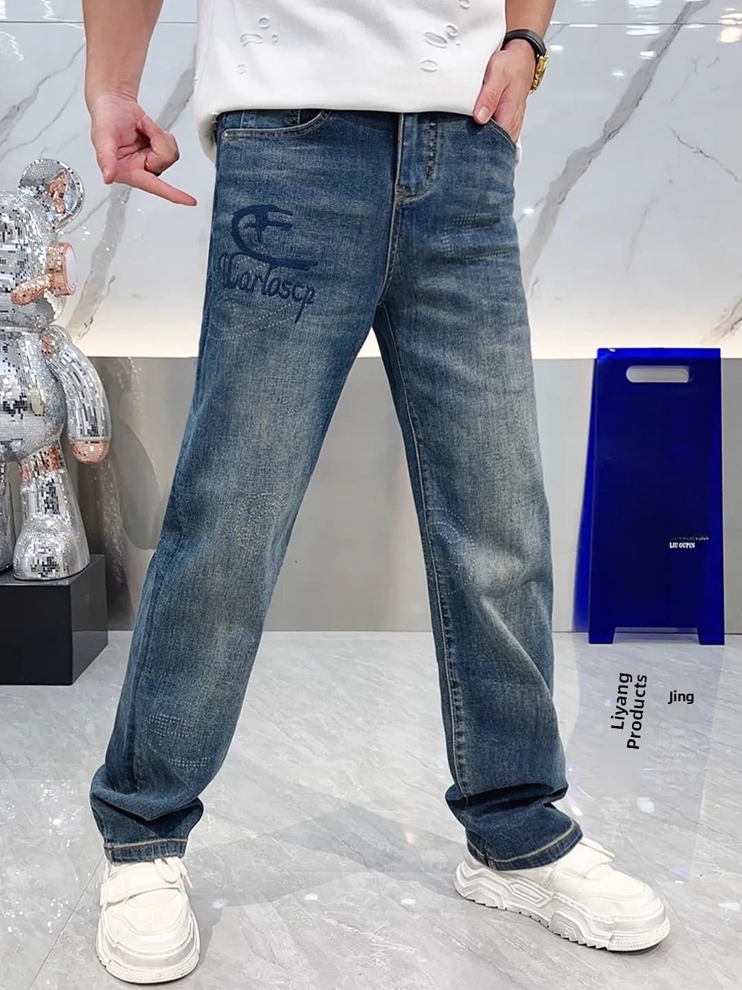 Jeans da Uomo a Gamba Dritta, Moda Autunnale, Effetto Lavato, Stampati e Ricamati, Pantaloni Lunghi Versatili, Casual, Comodi e Traspiranti
