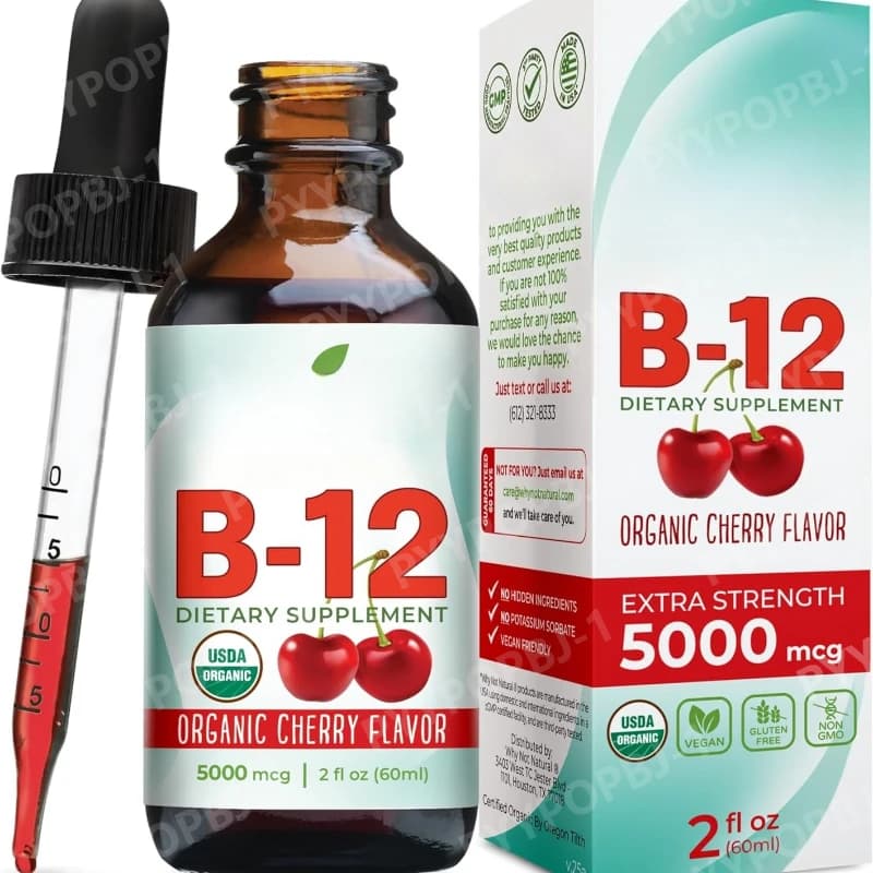 Vitamin B12 Liquid 5000mcg Taste Drops Cherry Metilcobalamin Drops Sublingual Vegan Without Sugar Supplement 60ml