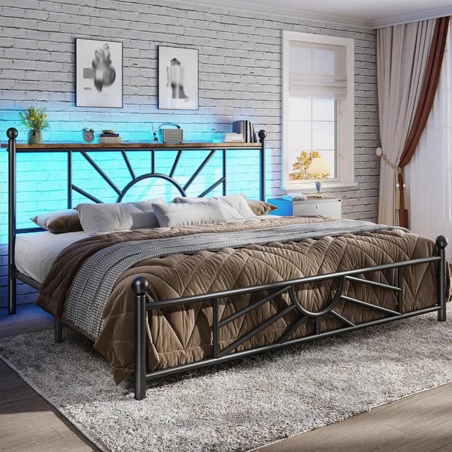Struttura letto king size in metallo e testiera, struttura letto king size con base per materasso a luce LED con contenitore sotto il letto No B