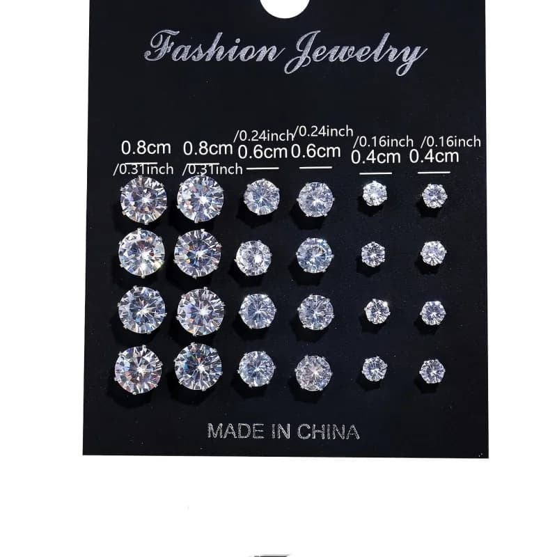 12 Pairs Six Claw Crystal Earrings Set Geometric White Shiny Zircon Wedding Stud Earrings Set for Women Men Jewelry Accessories