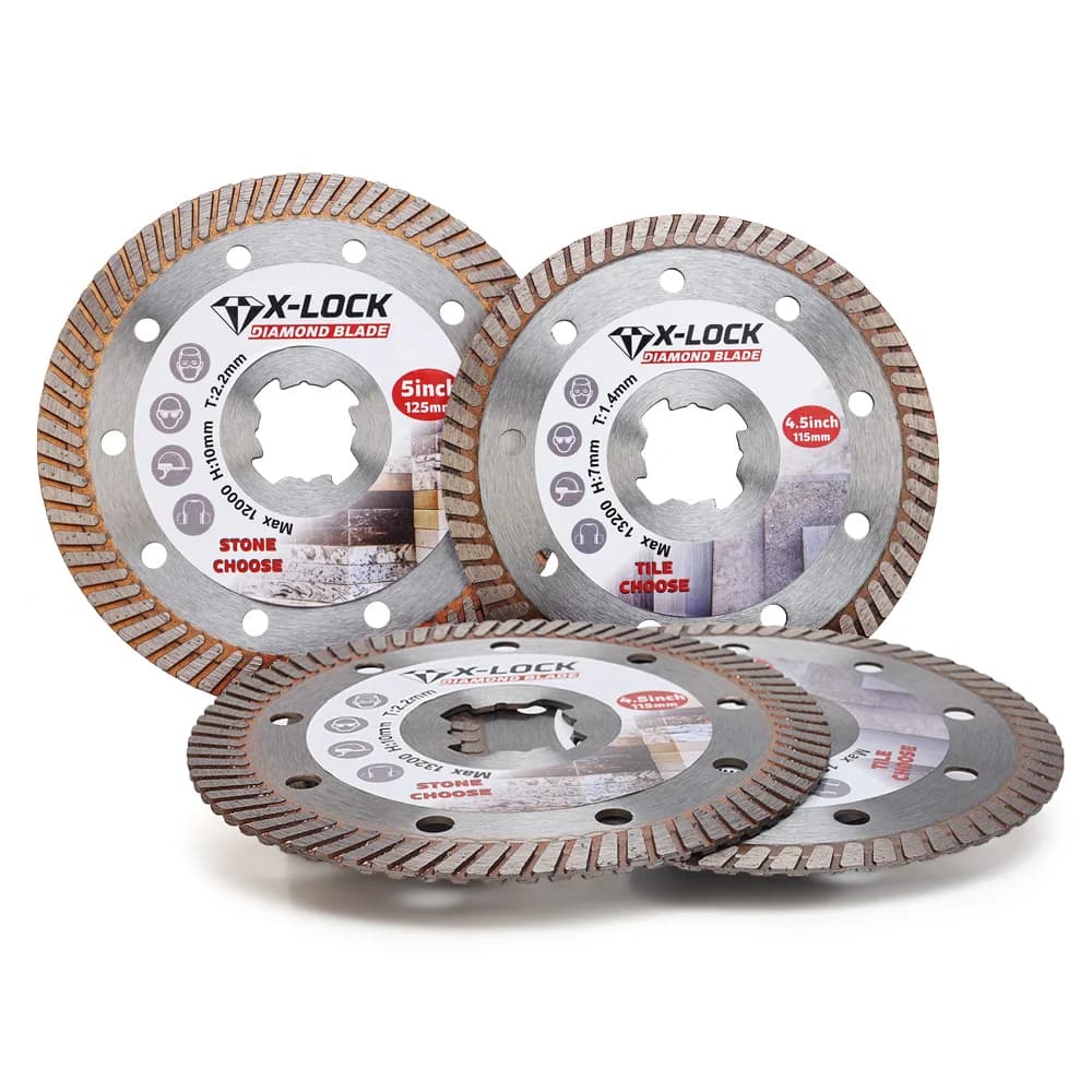 Disco da taglio con lama diamantata turbo D115 -125 mm X Lock compatibile con albero da 7/8 pollici per applicazioni di piastrelle di ceramica, ardesia, granito