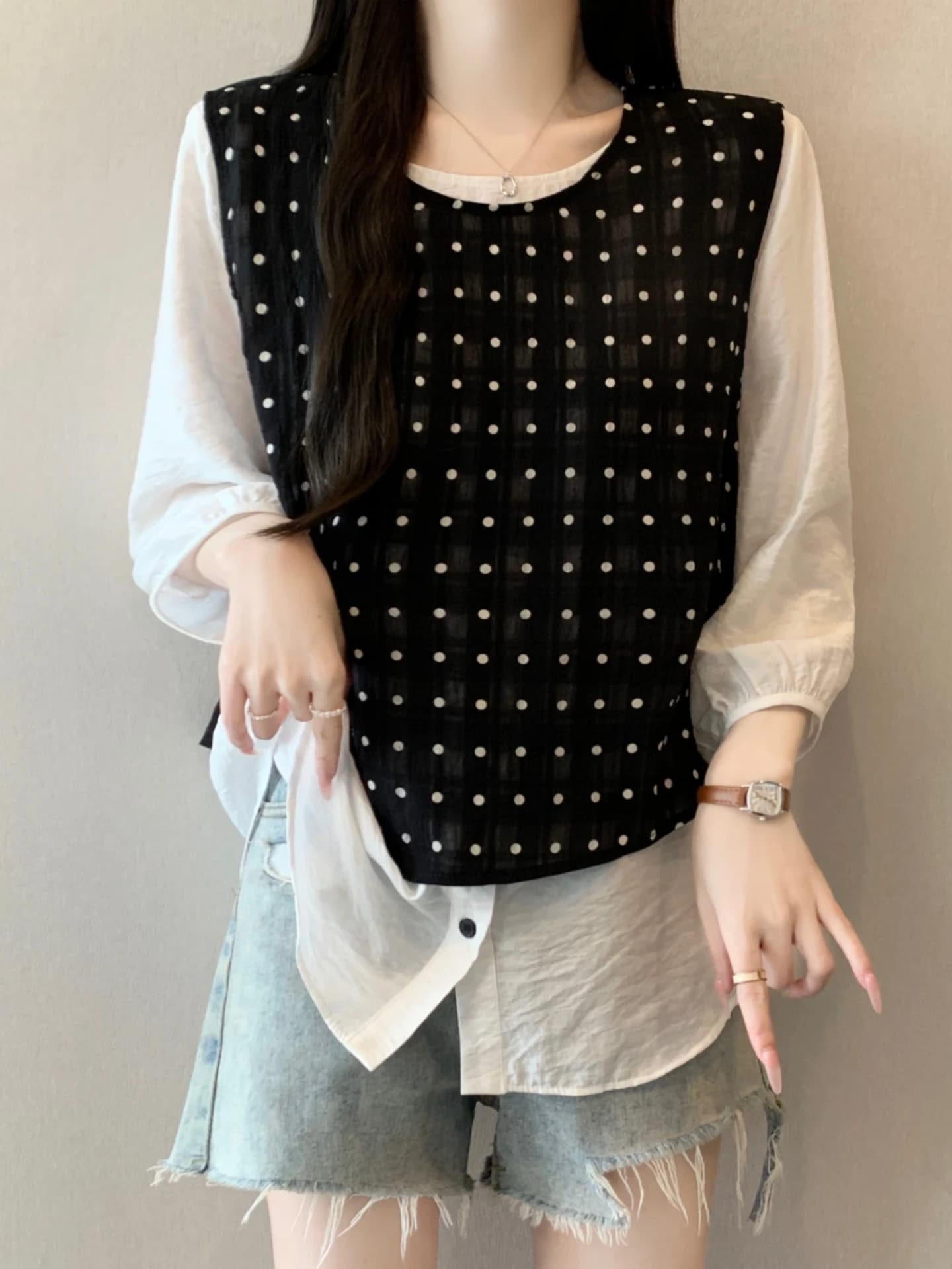 Summer New Polka Dot Blouse And Vest Splice Women's Shirt Large Size Conceal Arm Flattering Seven Sleeve Women's Top