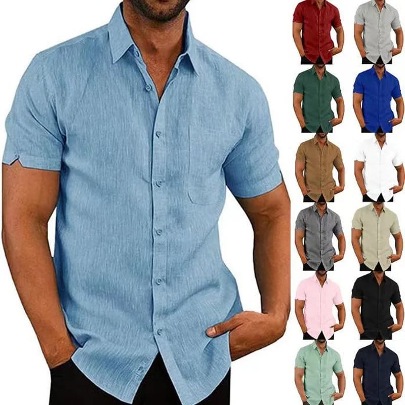 QICHE Breathable Linen Lapel Shirt Men Solid Color Button Short Sleeve Lightweight Summer Wear