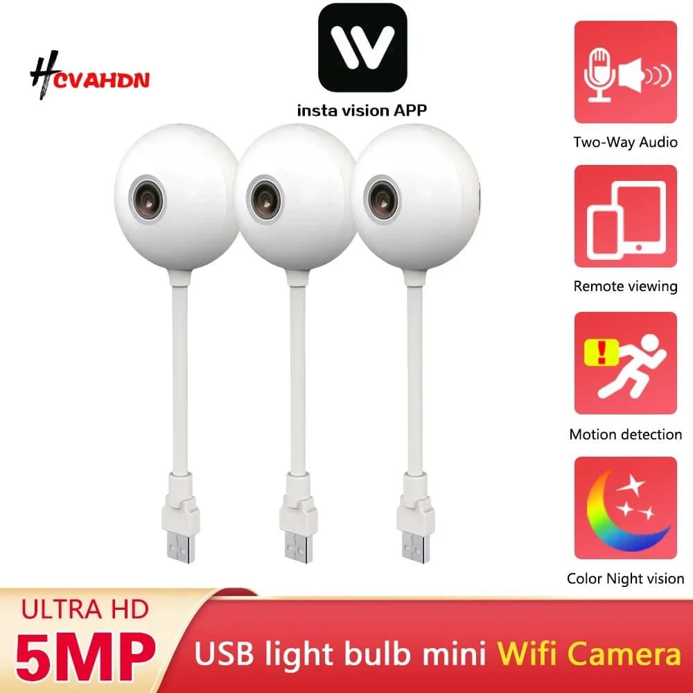 Telecamera interna WiFi da 5 MP Mini lampadina USB wireless Design Rilevazione movimento Audio bidirezionale per il monitoraggio del bambino Protezione di sicurezza