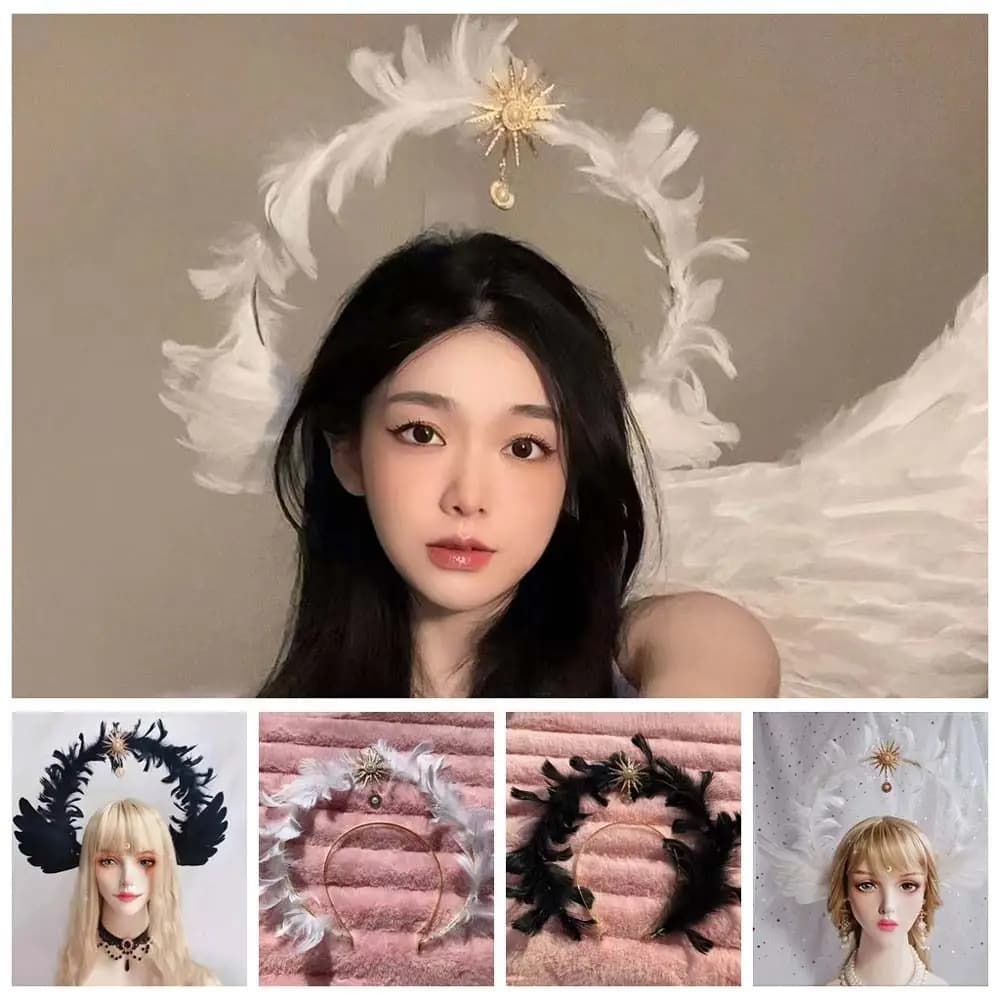 Elegnat Goddess Feather Headband Star Sun Angel Wing Hair Hoop Hair Accessories Shooting Props Lolita Hair Bands Daily