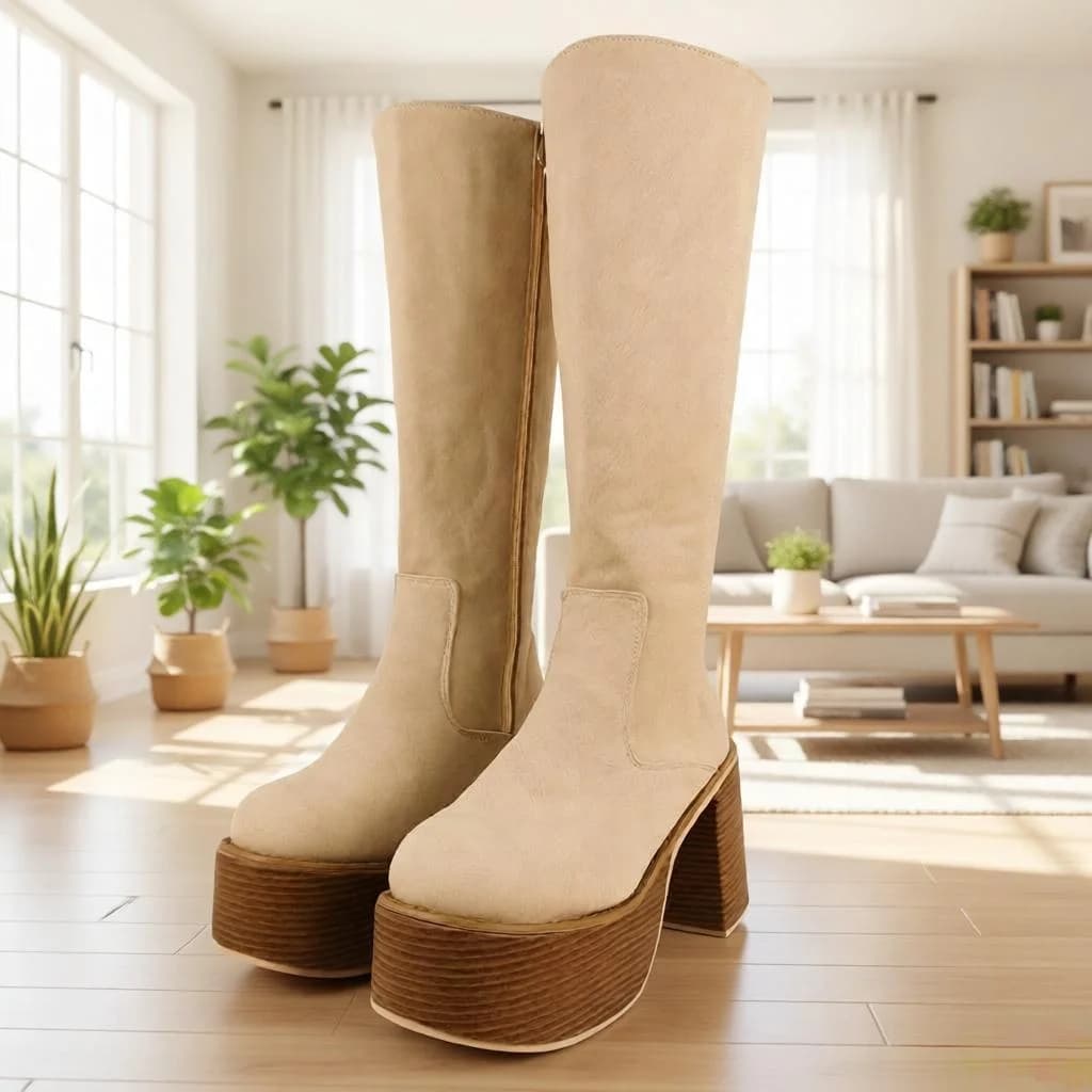 Women Vintage Y2K Knee High Boots Round Toe Wood Grain Block Heel Platform Cream Booties Side Zipper Only Casual Daily Shoes