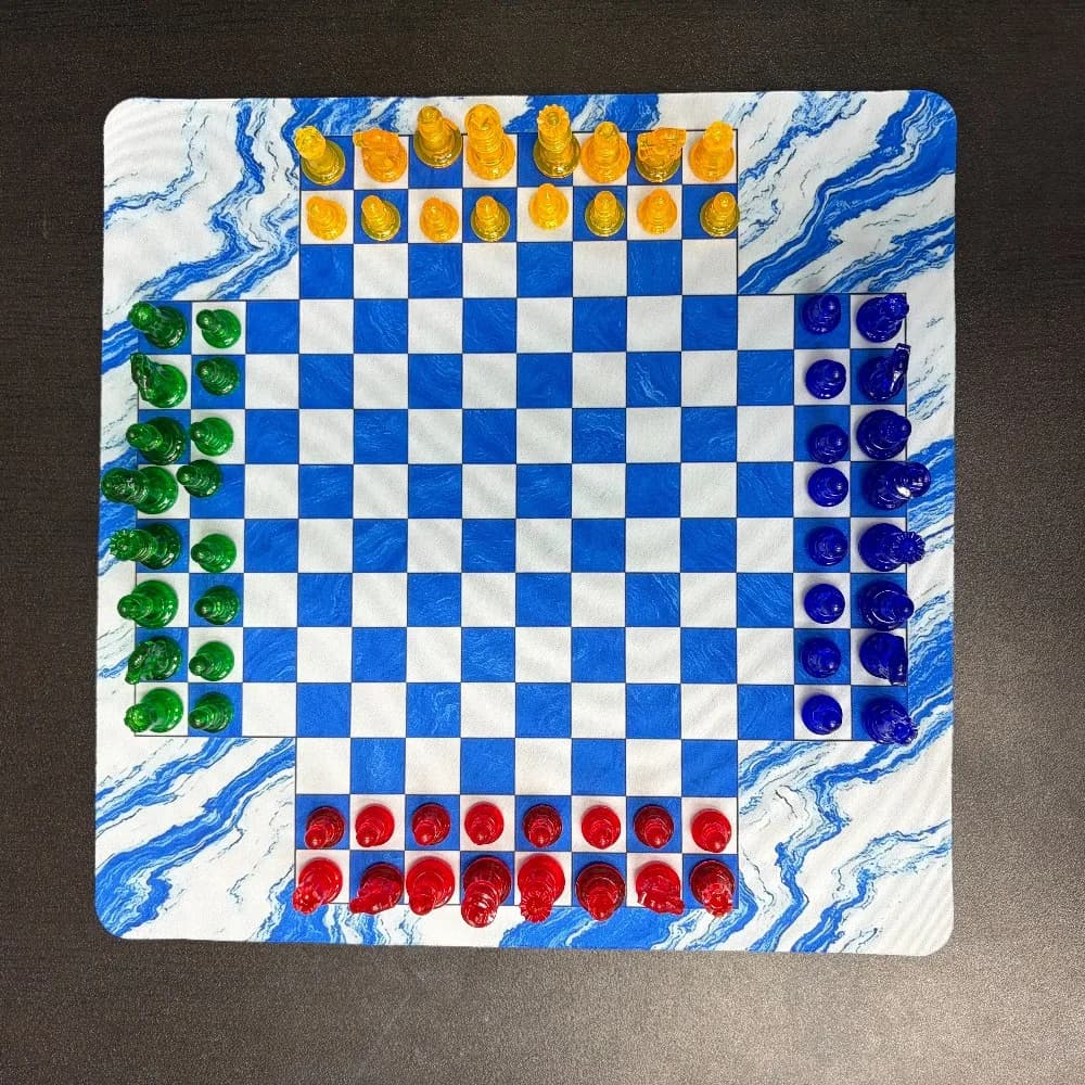 4 Players Chess Board Game Set, 64pcs （4 color per 16 pcs）Colorful transparent Chess, Chess Game for Team with a marble-like mat