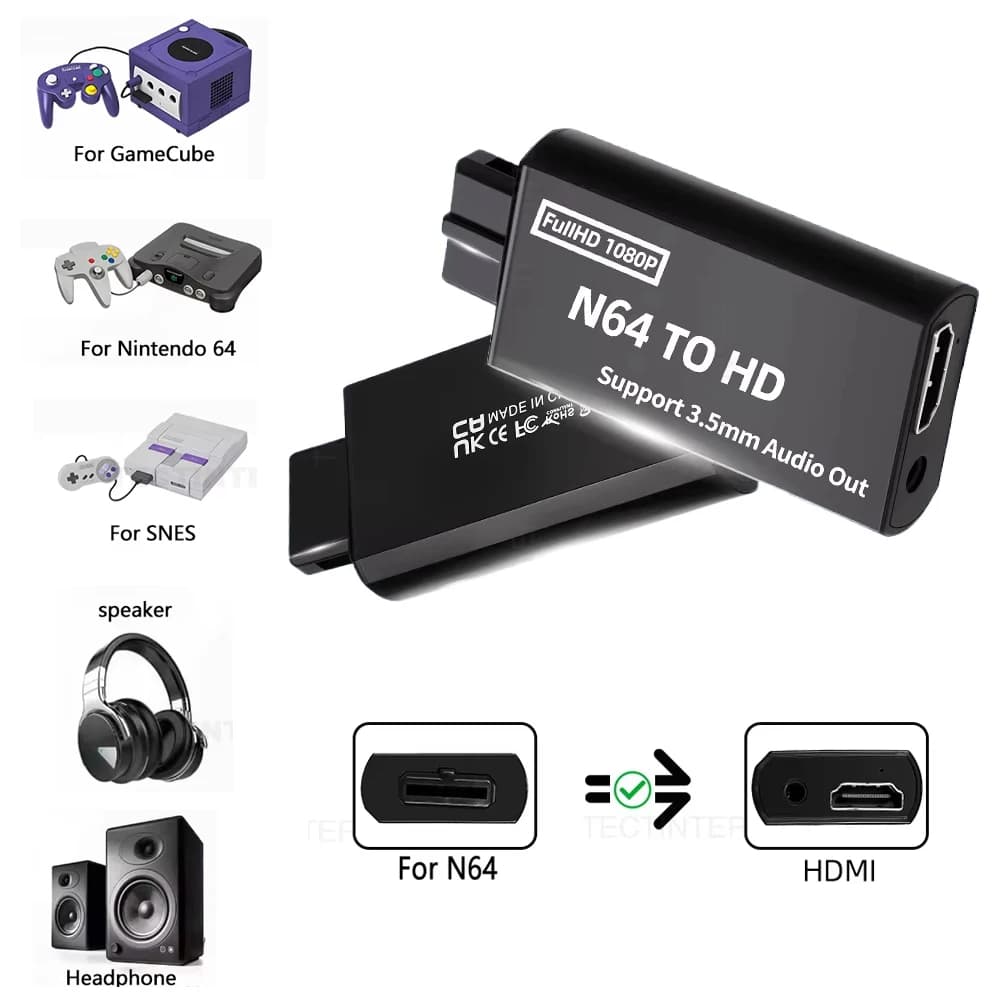 Adattatore convertitore Full HD per console N64 compatibile con HDMI, supporta cavo audio da 3,5 mm per accessori da gioco N64/NGC/SNES