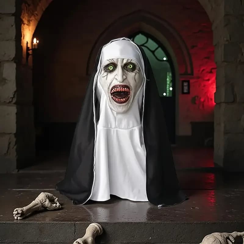 Horror La Nun Maschera Cosplay Spaventoso Demone Sanguinante Fantasma Viso Maschere in lattice con foulard Halloween Party Costume Puntelli Deluxe