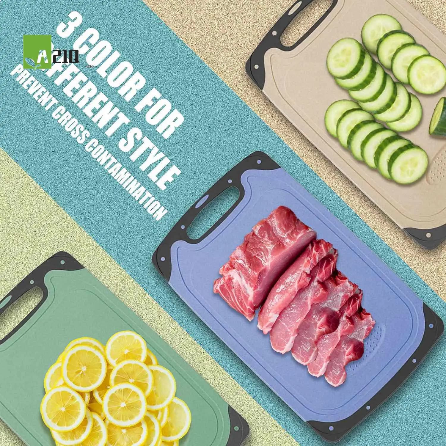 A21Q 3 piece cutting board set, kitchen cutter with non-slip feet, dishwasher safe, easy to clean (green+blu+beige)