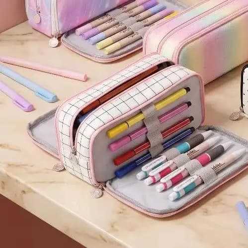 ∘Large Pencil Case Double-Layer 3-Compartment Oxford Cloth Waterproof Sturdy Zippered Organizer for Students Office Art