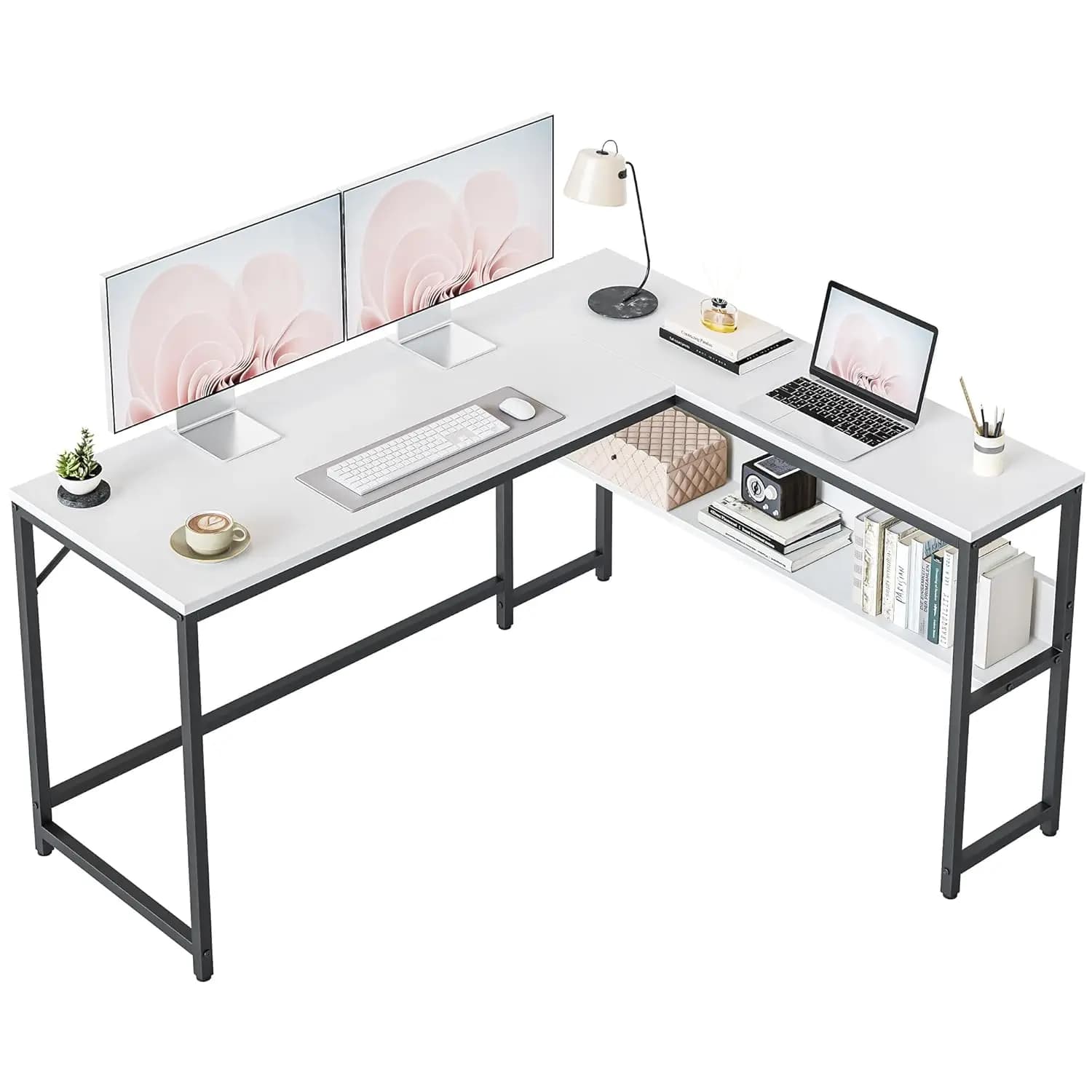 Scrivania ad Angolo a L da 140 cm con Scaffali Portaoggetti e Libreria, Scrivania per Computer e Studio per Ufficio Domestico, Personalizzabile