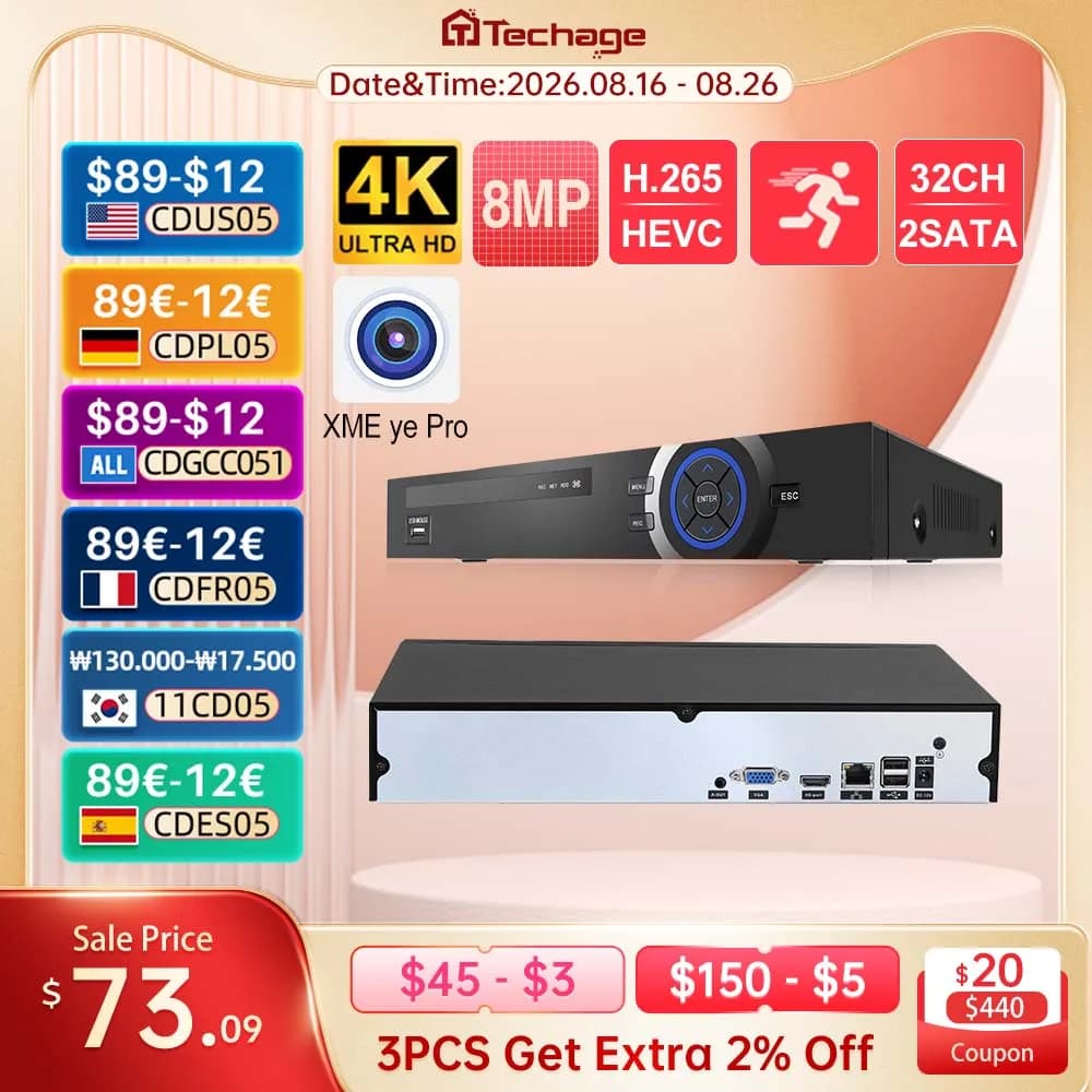 Techage UHD H.265 36CH POE NVR Network Recorder 4K8MP 5MP Camera Face Detect CCTV Video Security Monitoring System P2P Max 28T