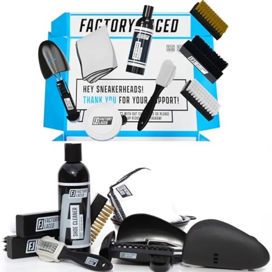Kit Completo per la Pulizia delle Scarpe con 4 Spazzole, Soluzione da 236ml, Tendiscarpe e Panno in Microfibra – Ideale per Pelle e Camoscio