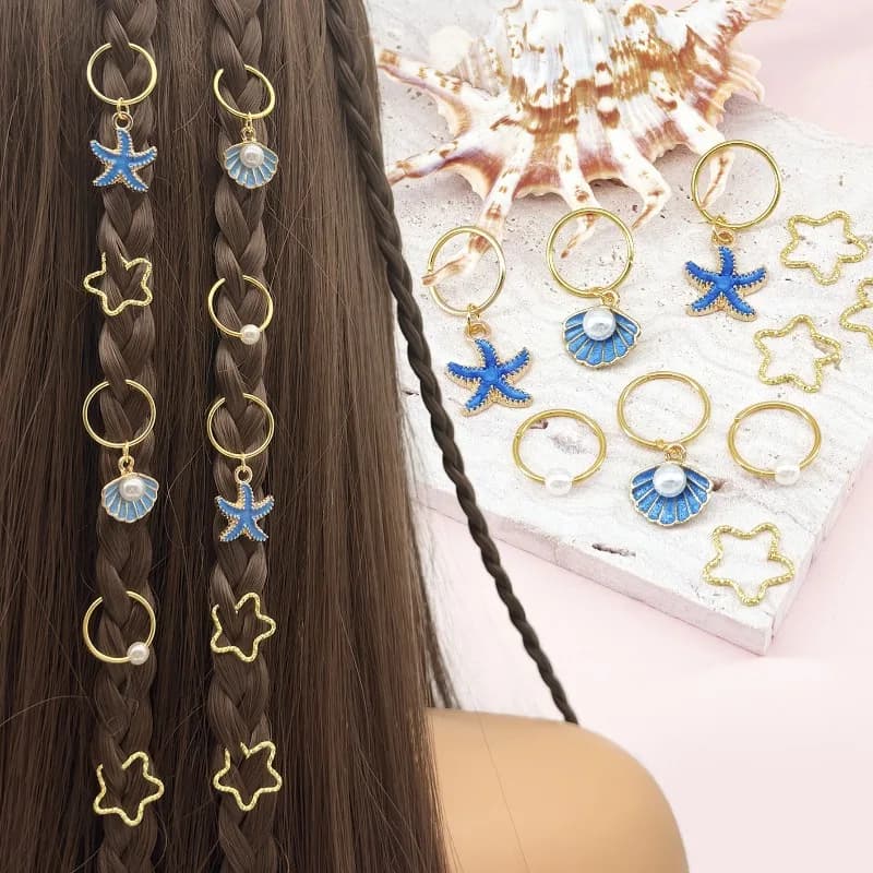 10 Pezzi Accessori per Capelli Estivi con Stelle Marine Blu e Conchiglie di Perle, Stile Versatile e alla Moda, Facili da Applicare per Vacanze e Feste