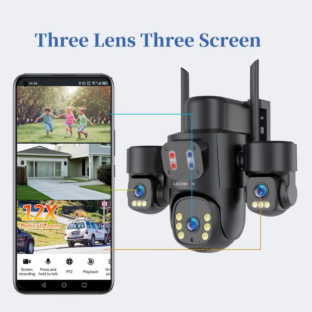 Telecamera di sicurezza LS VISION a tre schermi per esterni, 3 PTZ, zoom 12X, sorveglianza 24/7, registrazione AI, monitoraggio esterno, doppio pannello da 15W