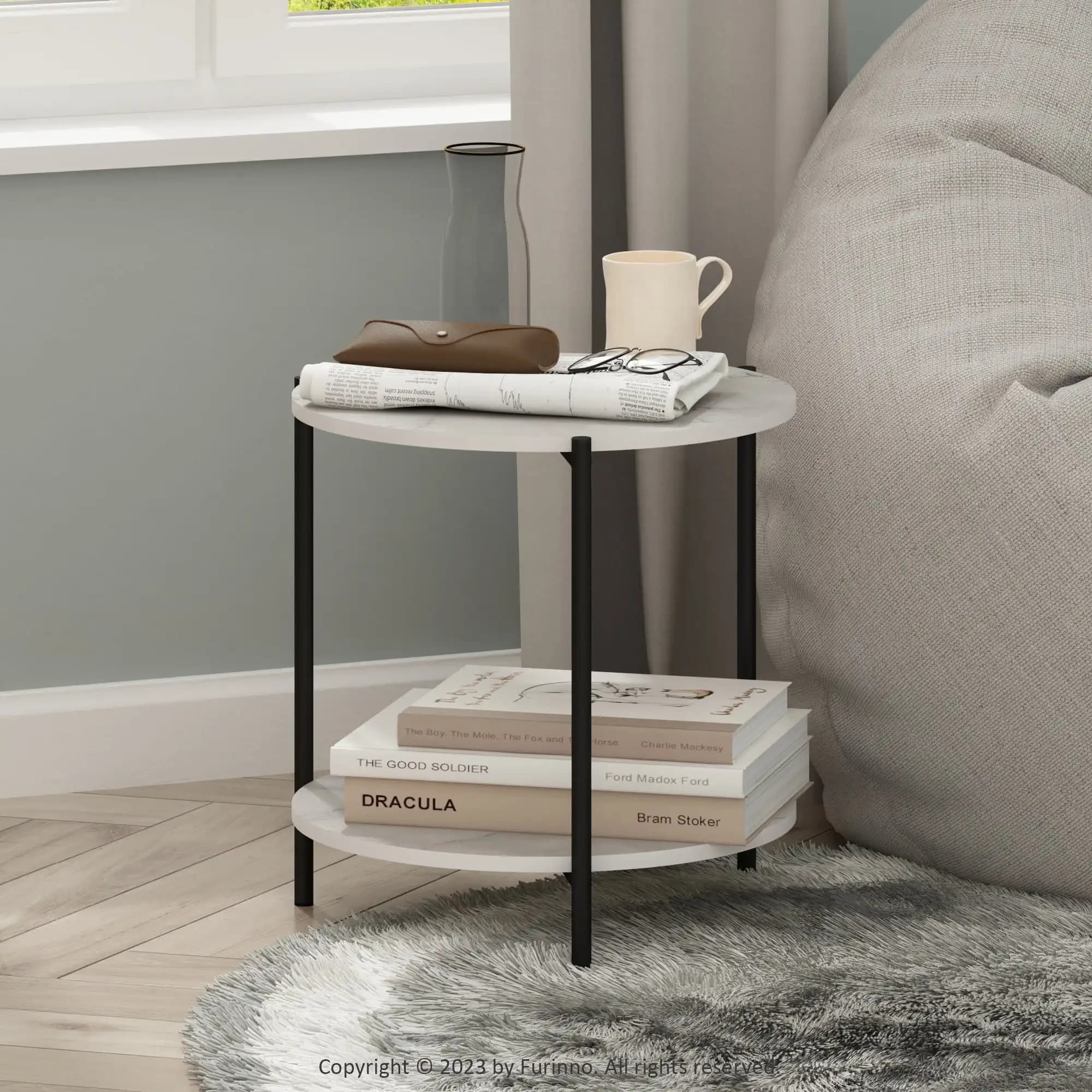 2-Tier Round Side Table with Sturdy Metal Legs and Marble White Surface