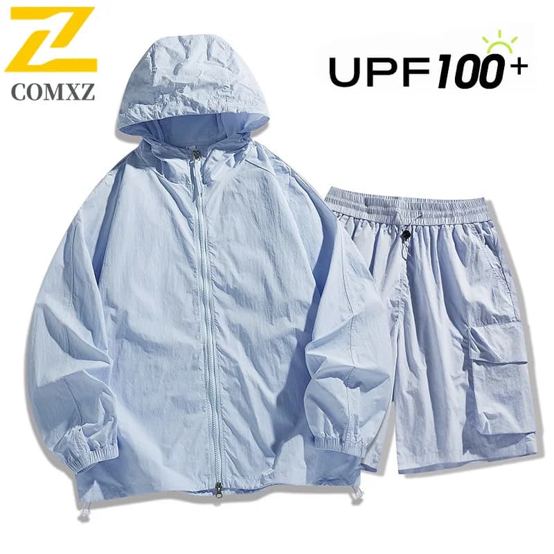 Completo Sportivo Estivo da Uomo con Protezione Solare: Giacca Antivento Ultraleggera con Zip + Pantaloncini Cargo, Set 2 Pezzi Casual per Pesca e Ciclismo