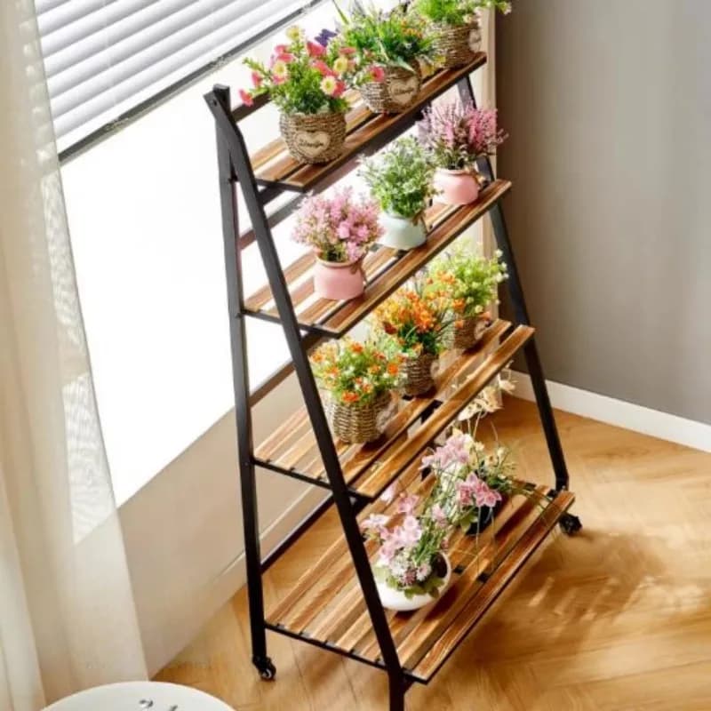 Supporto Pieghevole per Piante, Scaffale in Legno Massello e Ferro per Fiori, Portavaso su Ruote per Interni ed Esterni, Salvaspazio
