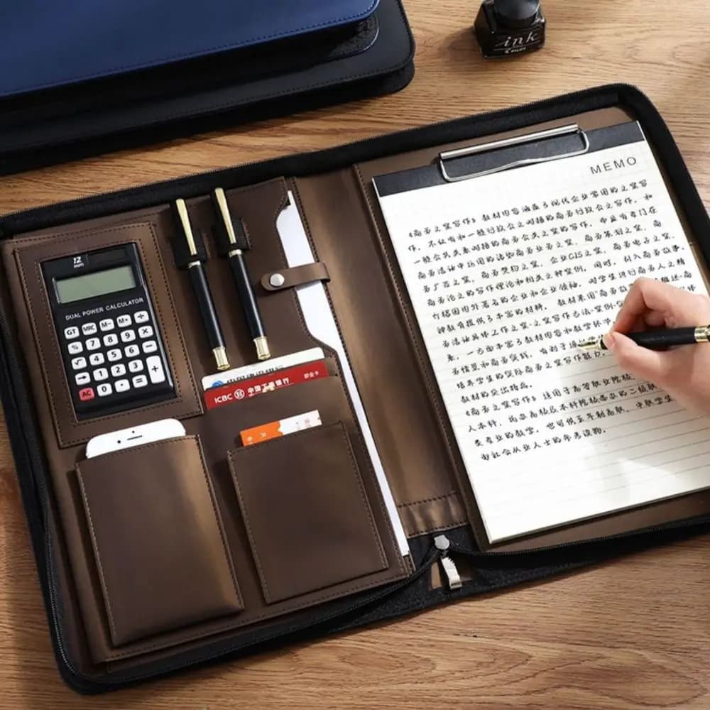 Cartella di file A4 in pelle PU Chiusura con cerniera con calcolatrice Borsa con cerniera A4 Porta carte Inserto per penna Valigetta da lavoro Ufficio aziendale