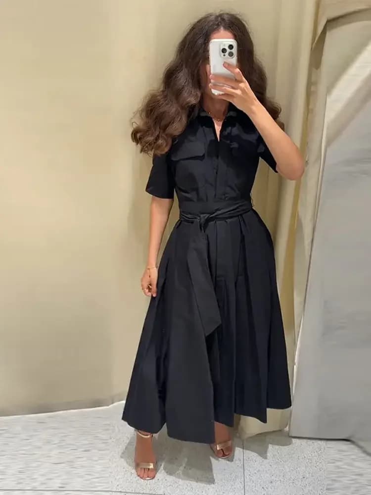 Women's Long Dress with Black Laces and Sleeves Court with Pockets and Belt Striped Collar Dress Female Summer Dress 2026 Elegant Women's Slim Dress