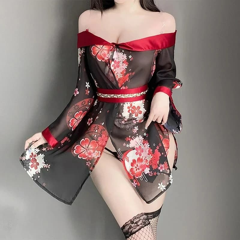 Japanese Anime Kimono Cosplay Costumes Deep V Strapless Cleavage Black Dress Sexy Lingerie Women Sleepwear Bathrobe