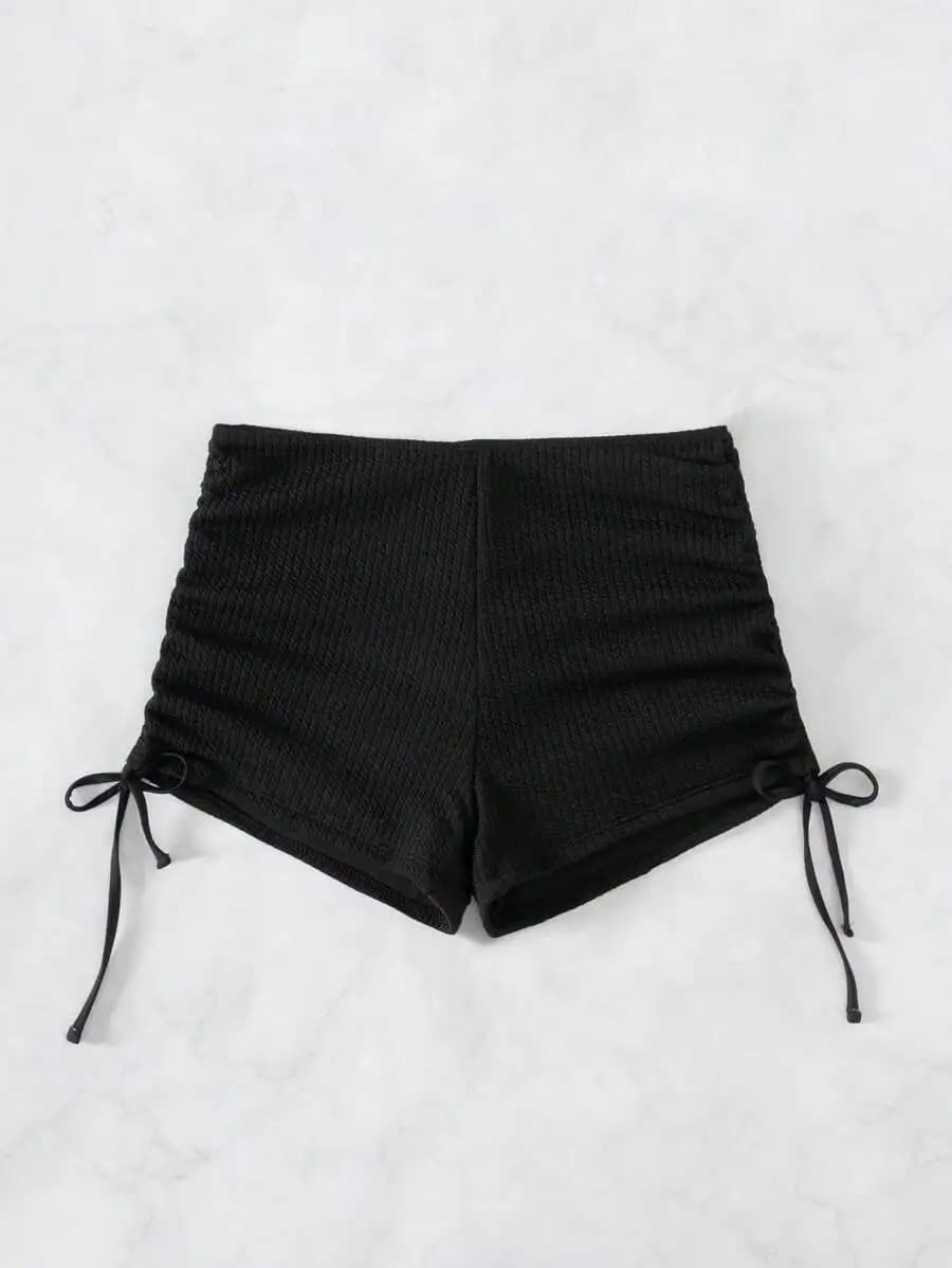 Womens Ruched Swim Shorts With Side Ties High Waist Beachwear