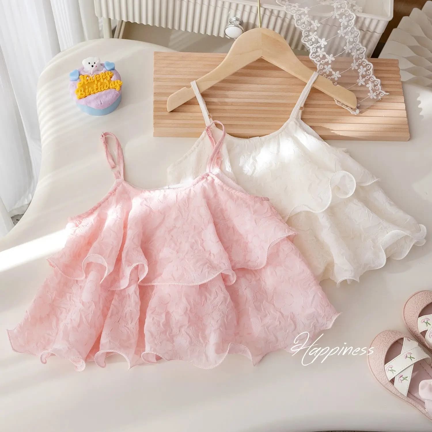 Neonate Top in pizzo con fionda Beige Rosa Canotta a doppio strato 2025 Nuove ragazze per bambini Principessa Estate Top senza maniche Stile coreano