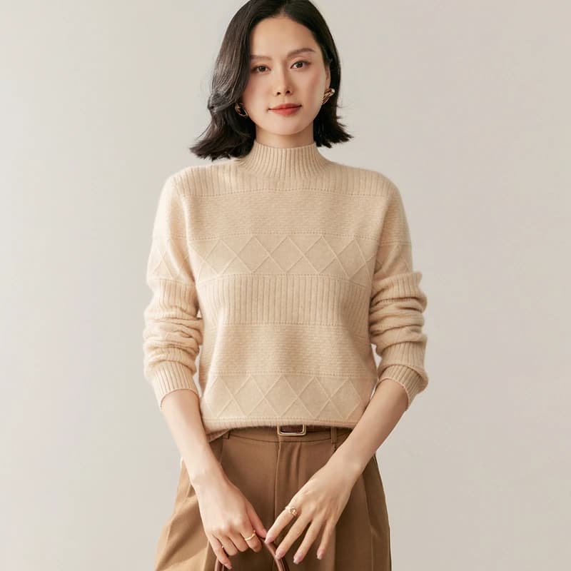 Pullover da donna 100% cashmere, top in morbido cashmere di colore puro con collo alto e mezzo diamante a 12 aghi
