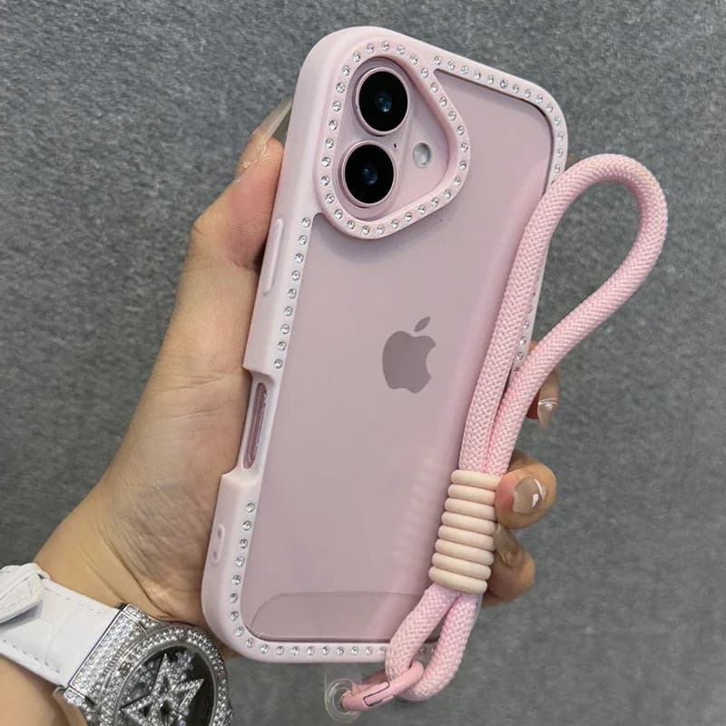 Custodia per telefono trasparente con diamanti brillanti per iPhone 16 16E 15 14 13 12 11 Pro Max 16Plus 16Pro con copertura per cordino da polso
