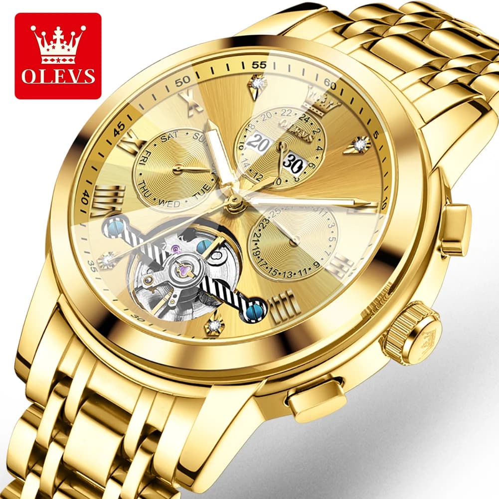 Orologi Meccanici Automatici OLEVS per Uomo, in Acciaio Inossidabile, con Scheletro a Vista, Calendario Perpetuo, Vetro Romboidale, Orologio di Lusso da Uomo