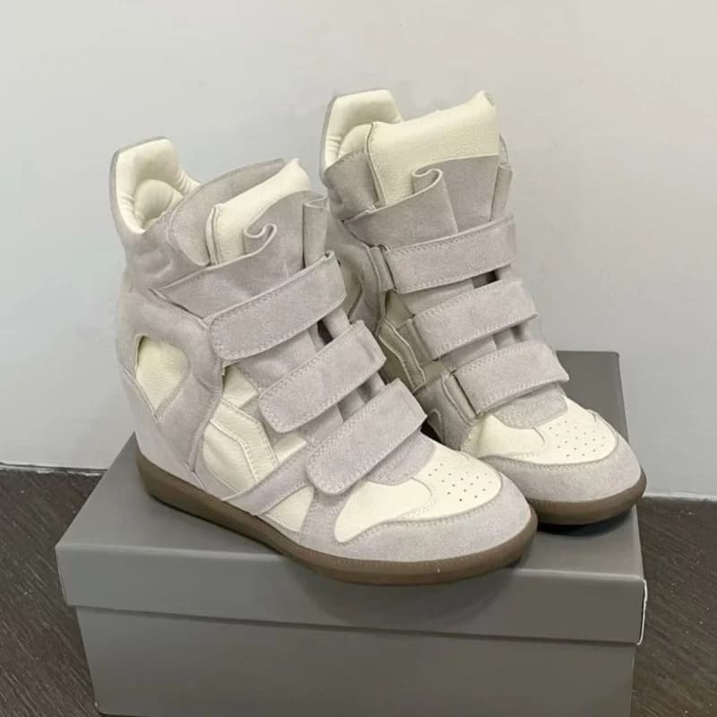 Women Hidden Wedge Heel High‑top Sneakers Suede Patchwork Velcro Strap Cut‑out Design Comfort Platform Ankle Boots Casual Daily