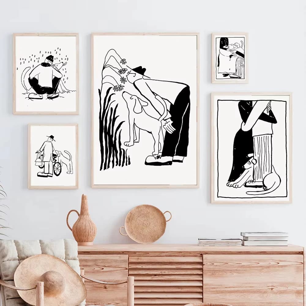 Korean Minimalist Lifestyle and Love Poster Fun Canvas Featuring a Couple in Love and Their Dog Home Decor Valentine's Day Gift
