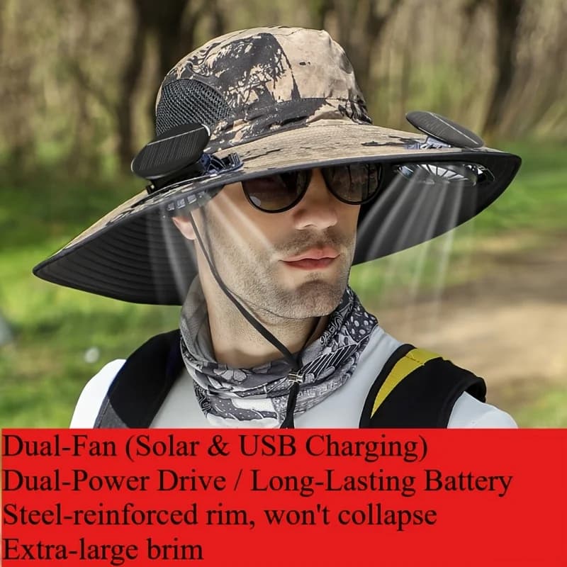 Cappello da pesca con doppia ventola, ricarica solare USB, tesa larga rinforzata, protezione solare, perfetto per pesca, campeggio e giardinaggio all'aperto