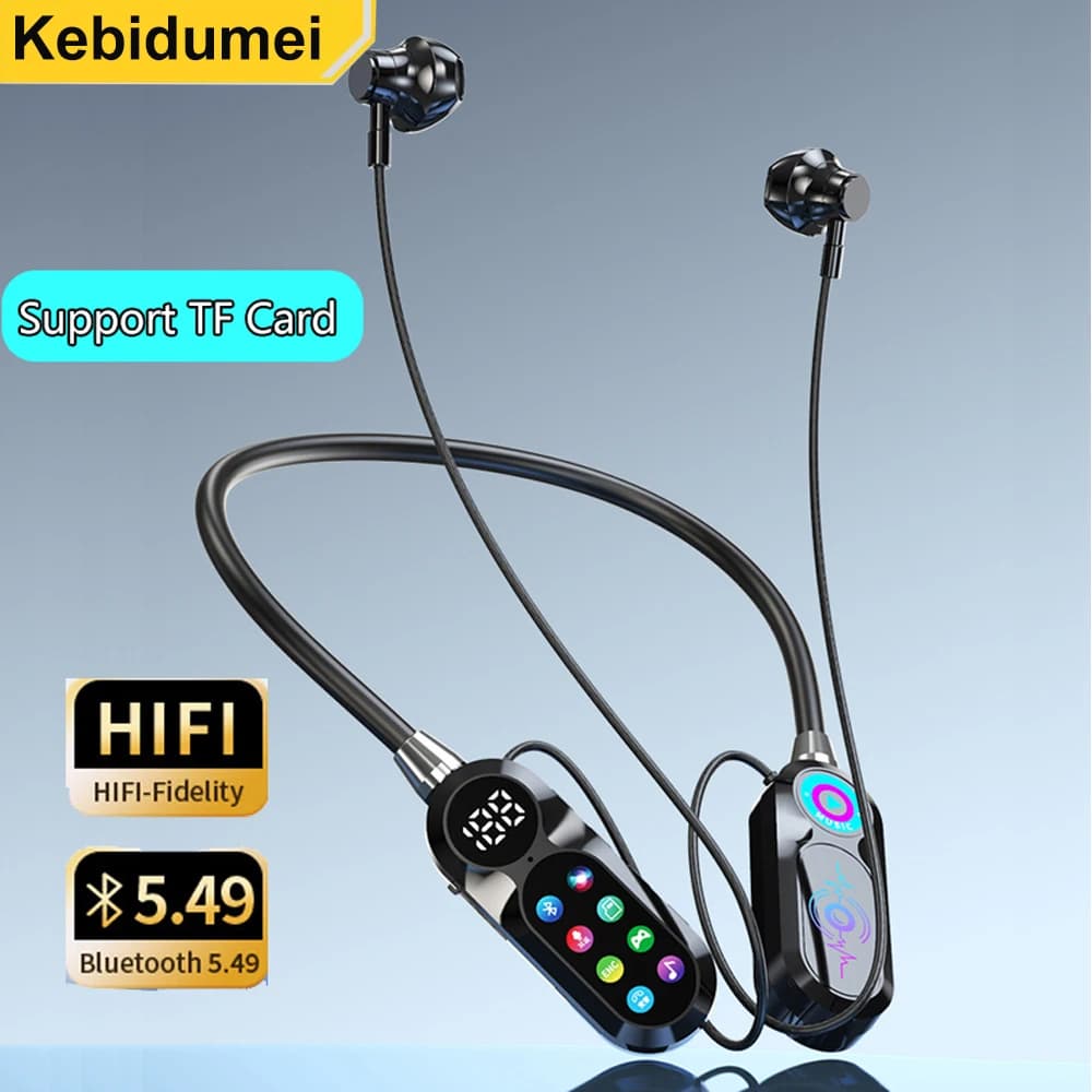 Auricolari wireless con archetto da collo Schermo HD Cuffie Bluetooth 5.5 Auricolari sportivi stereo HiFi impermeabili Supporto TF Card