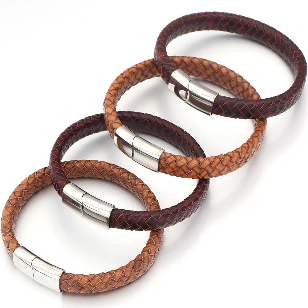 1 Strand Stainless Steel Magnetic Nuckle Retro Leather Bracelet Handmade European and American Minimalist Trend Bracelet Gift