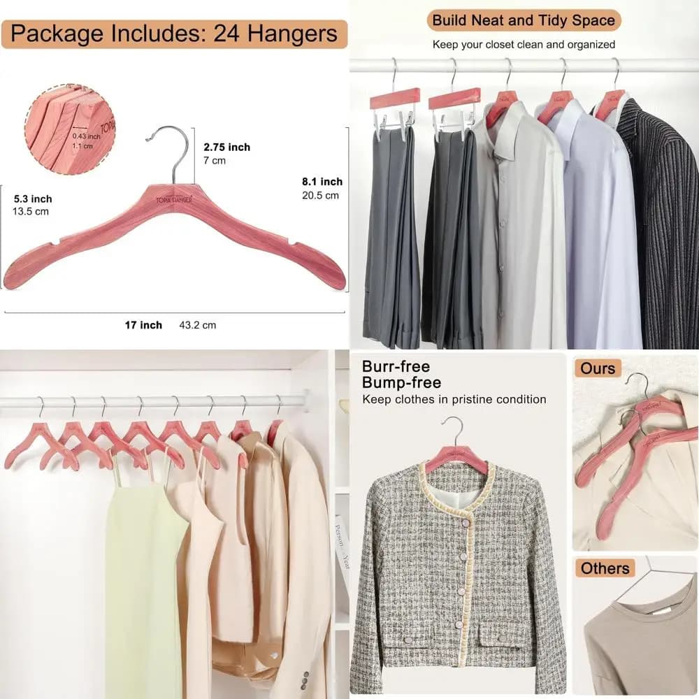 Pack of 24 wooden clothes hangers for clothes and sweaters, without drooping on the shoulders, 360 ° Hook Swivel, Dentellato per Vesti, Coats, Shirts, Dresses