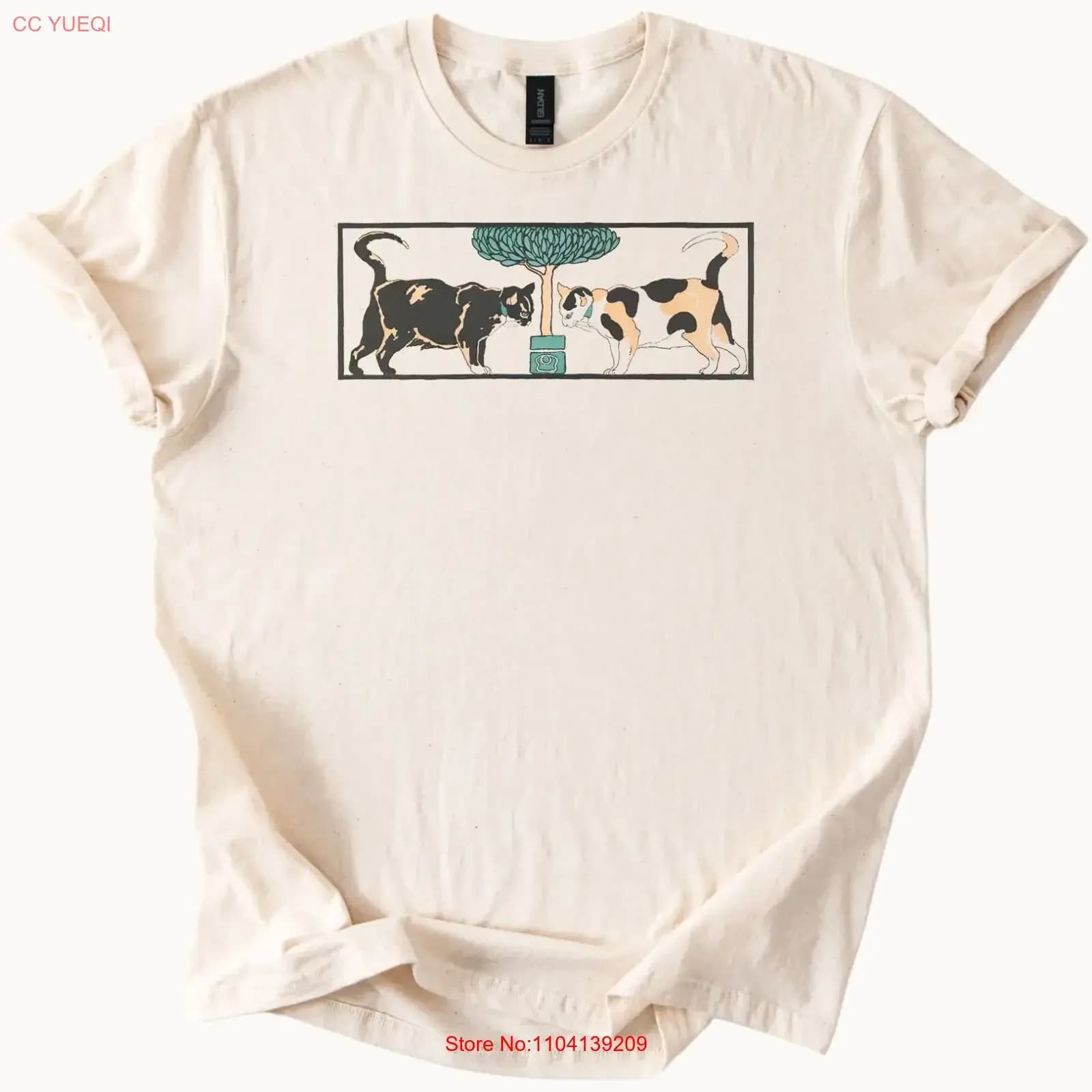 Maglietta Cats Under Tree, top elasticizzato vintage con motivo felino unico, per l'uso quotidiano, alla moda, versatile, elegante e confortevole