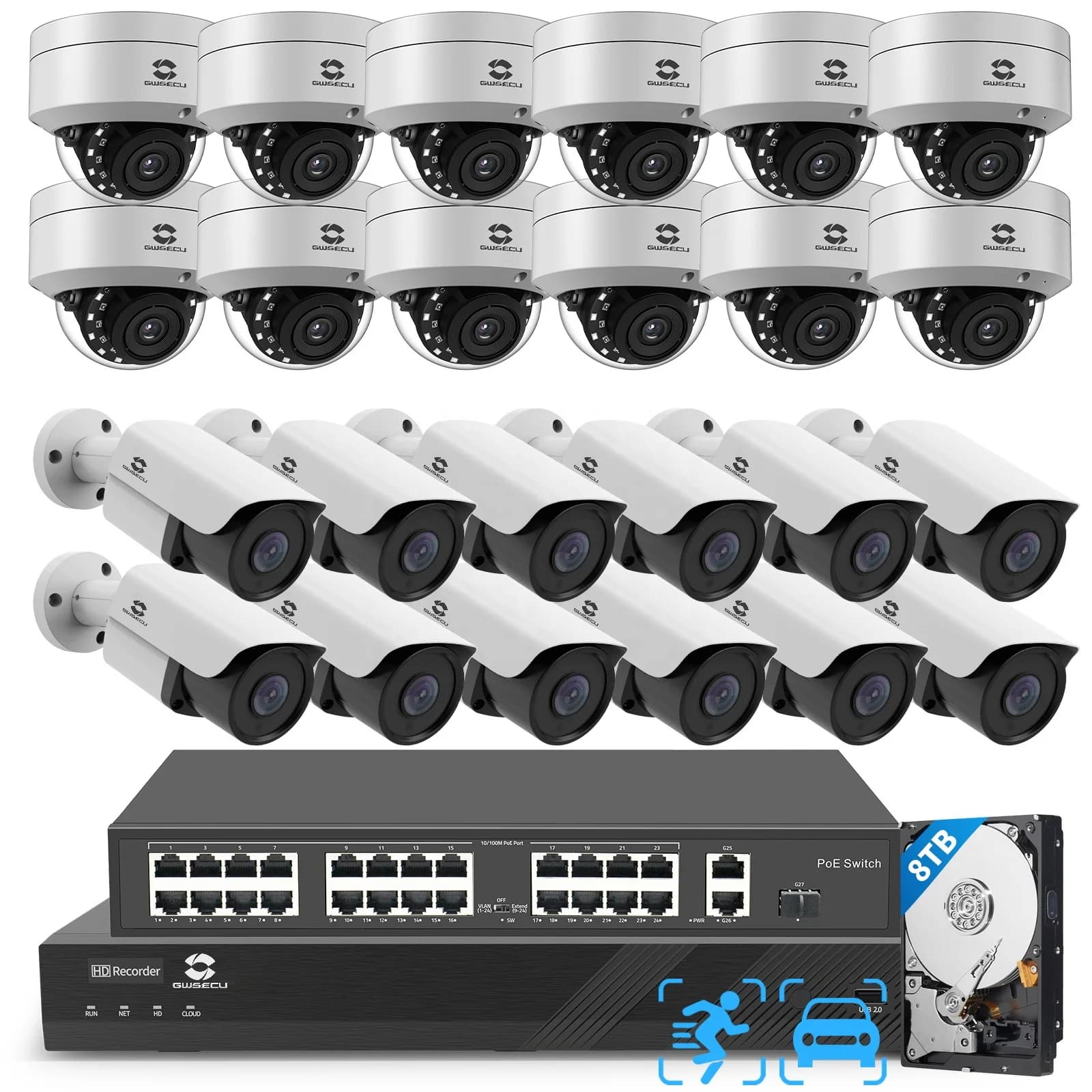 Sistema di Sicurezza CCTV per Aziende da 5MP per Esterni e Interni, 32 Canali, 24 Telecamere, Microfono Integrato, Rilevamento AI di Persone e Veicoli, Visualizzazione tramite App Mobile