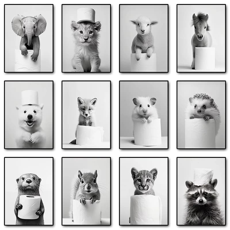 Animale carino in bianco e nero con carta igienica Poster Leone Gufo Gatto Cane Tela Pittura Stampa artistica da parete Bagno Room Home Decor