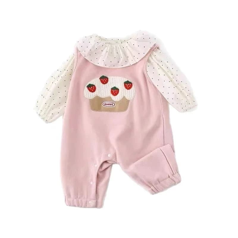 Set marsupio autunnale per neonato Neonate carino ricamato fragola 2 pezzi vestito infantile Halloween cartone animato colletto arricciato pagliaccetto