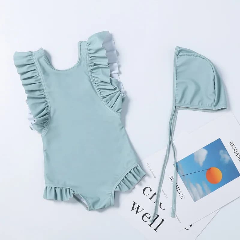 Full Swimsuit for Baby Swimwear with Solid Strap with Hood Swimwear with Volant Children's Girls Holiday Beach Clothing Bikini