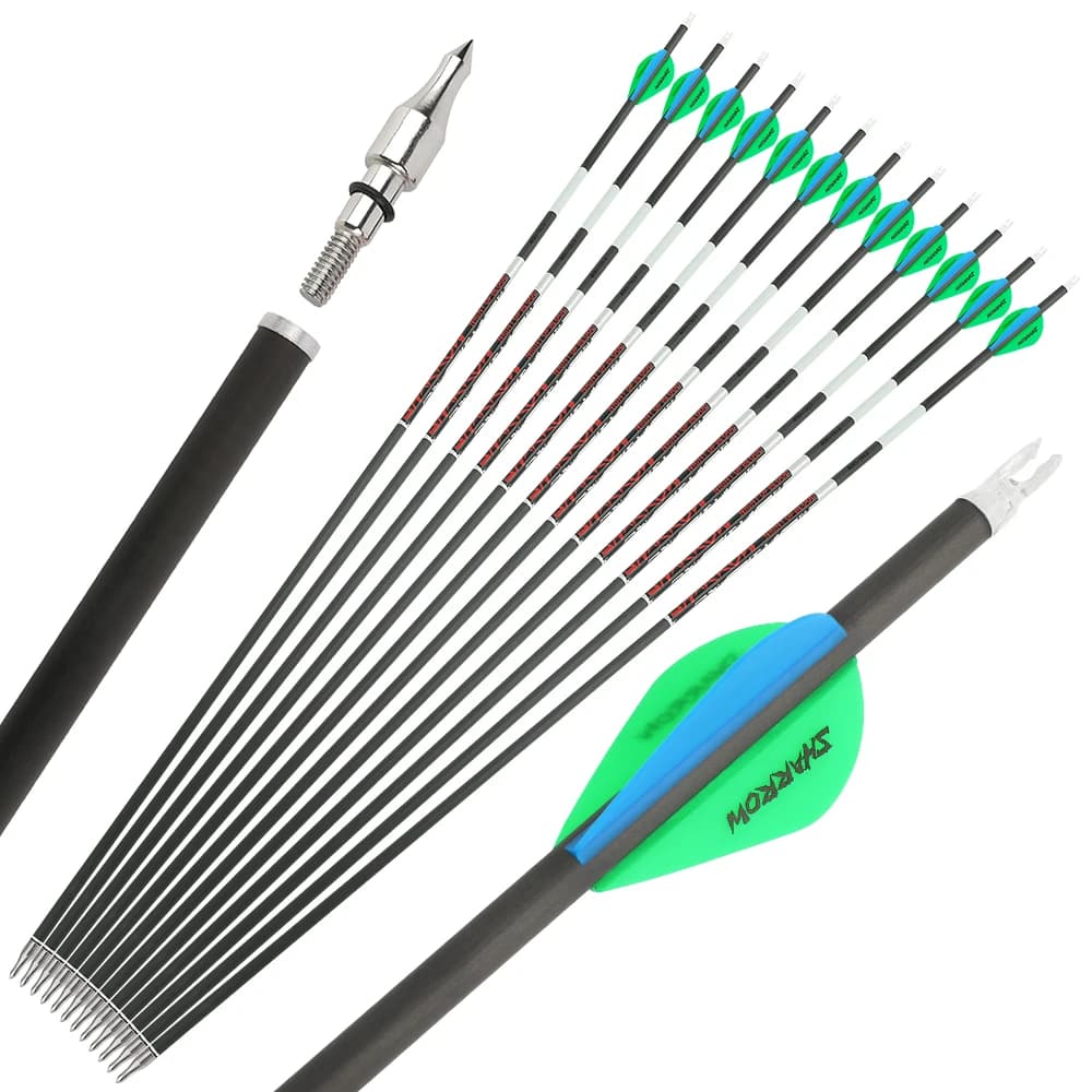 12 pezzi frecce in pura fibra di carbonio ID 6.2mm caccia bersaglio allenamento colonna vertebrale 300 350 400 500 600 arco ricurvo composto tiro con l'arco