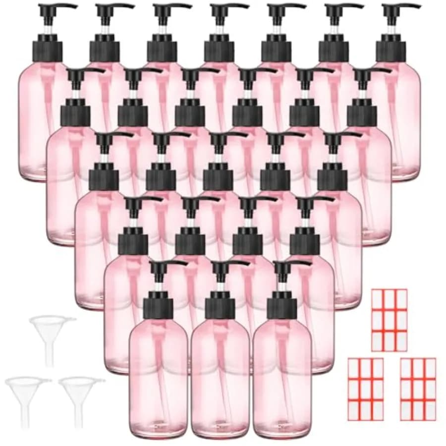 24 Pezzi Bottiglie in Vetro da 8 oz con Pompa, Dispenser di Sapone Vuoto in Vetro con Pompa, Contenitori Ricaricabili ed Etichette, Imbuti per Oli Essenziali