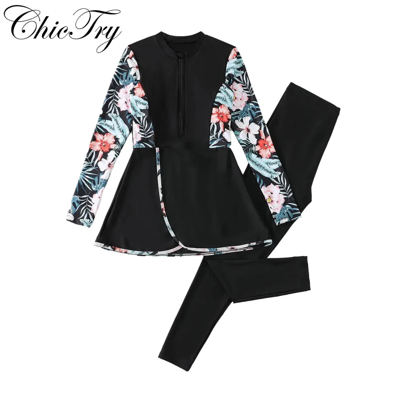 Womens Swim Romper Rash Gurad Long Sleeve Swim Shirt and Leggings Floral Print Muslim Bathing Suit Swimsuit for Surfing Diving