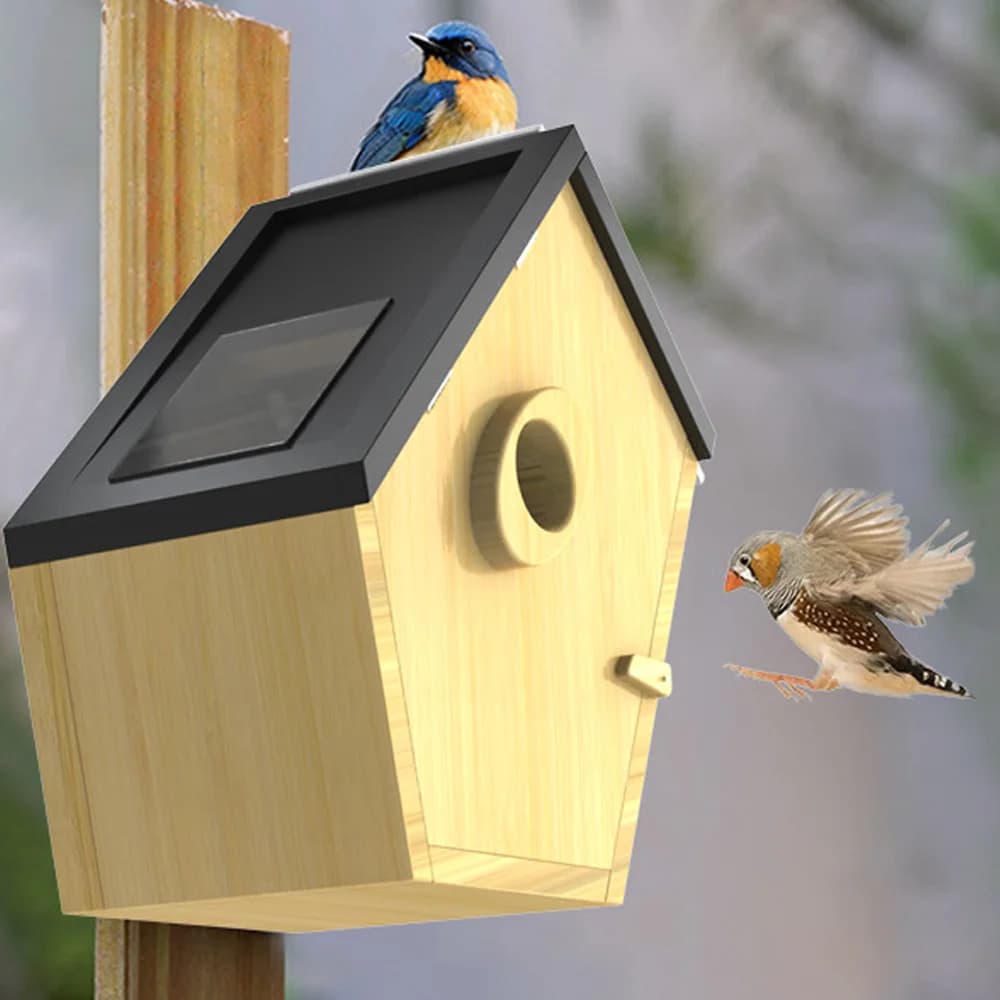 Modern New Trend AI Recognition Bird Watching Camera Smart Automatic Wood Bird House Solar Panels Garden Supplies